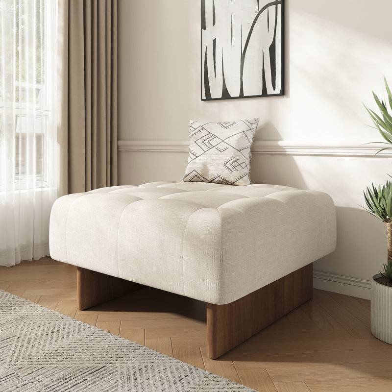 Repose-pieds carré rembourré en tissu de lin capitonné, pieds en bois massif, beige