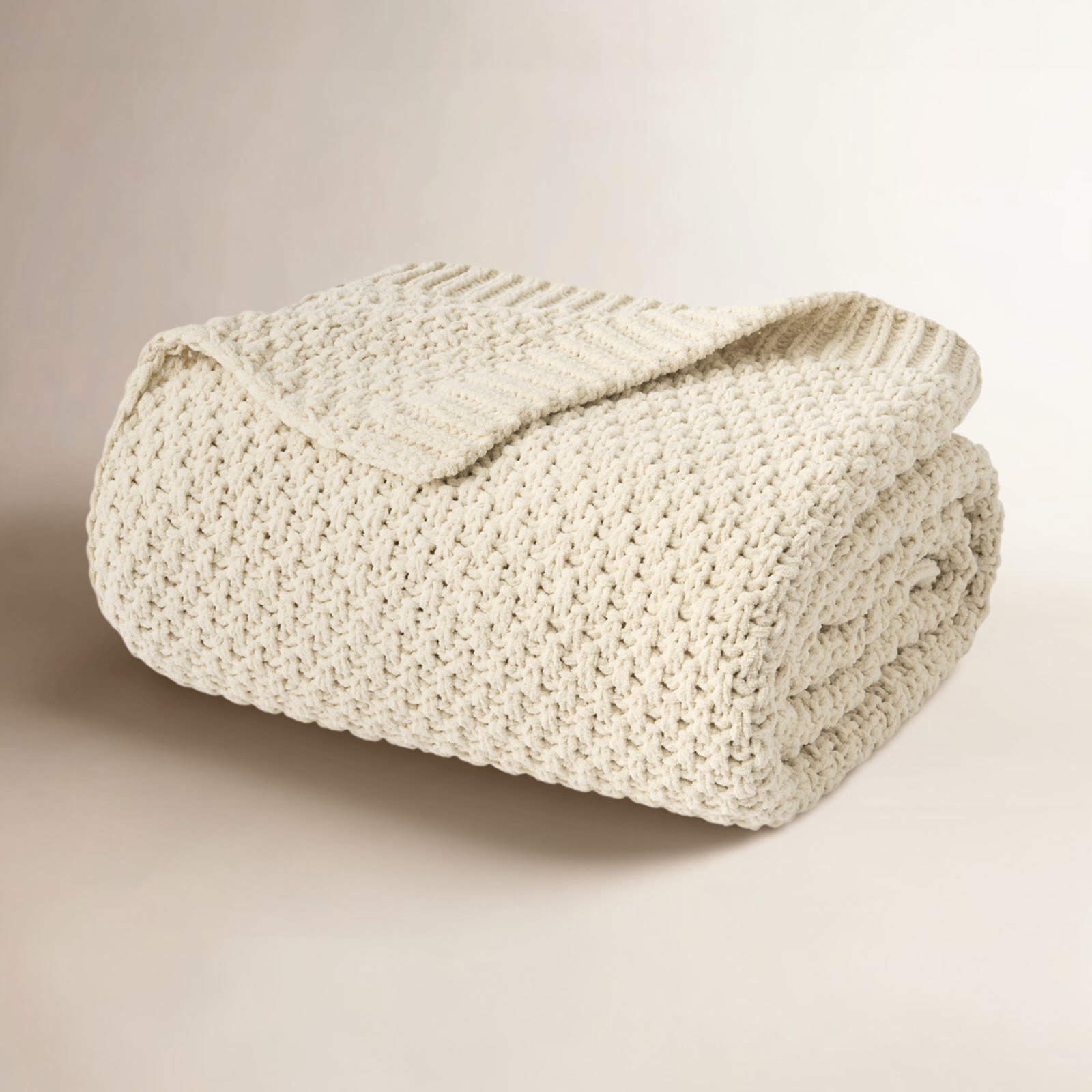 Chunky Chenille Knit Throw Blanket, Beige, 60" L x 50" W