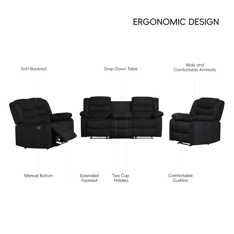 Canapé modulaire inclinable en microfibre 3 pièces avec table d'appoint et 2 porte-gobelets, Black