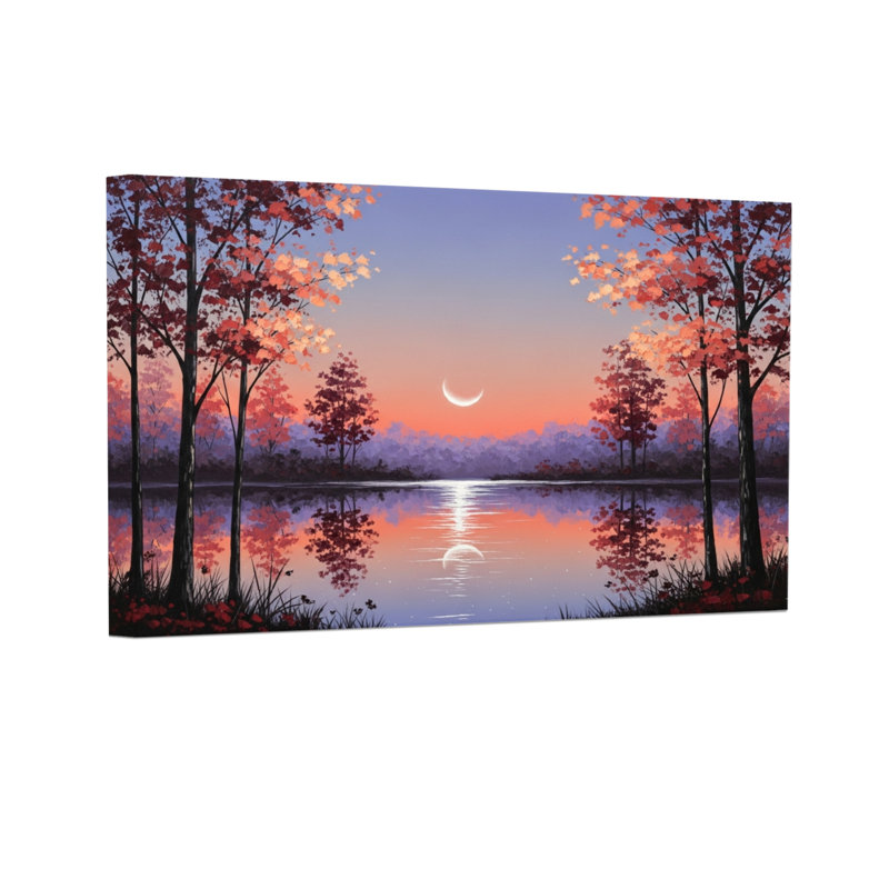 Landscape & Nature Moonlight Reflection Autumn Trees Lake Sunset Colours Peaceful Scene, 12" H x 18" W