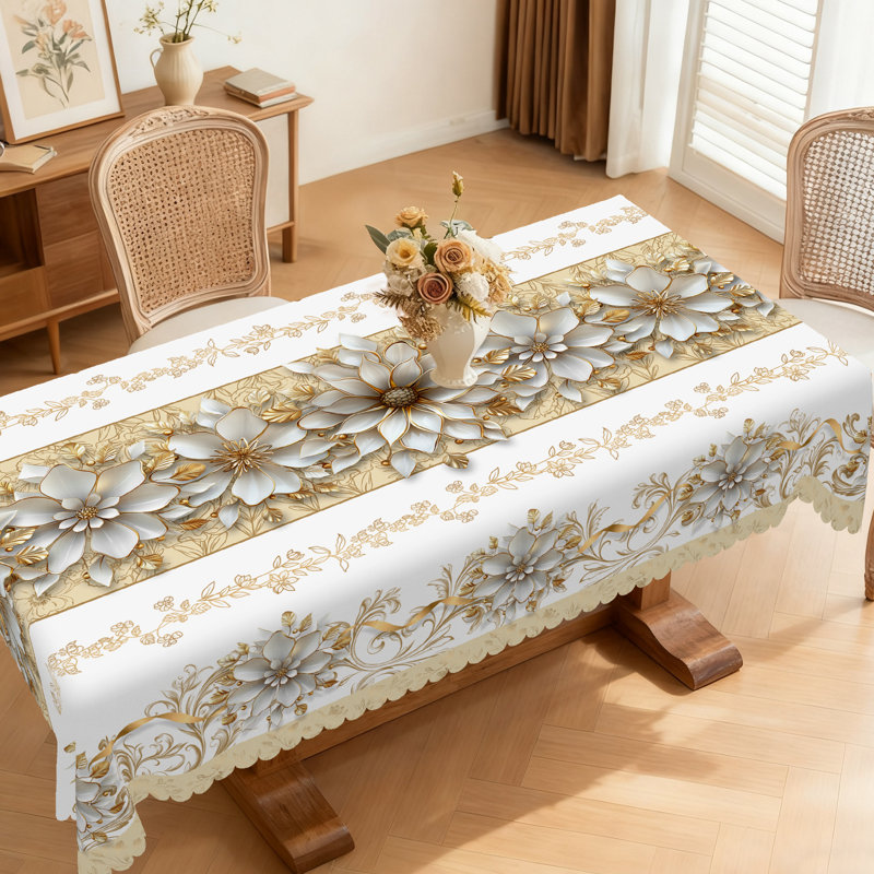 White and Gold Floral Print Tablecloth, Washable Rectangular Tablecloth, Ideal for Indoor Dining and Family Gatherings