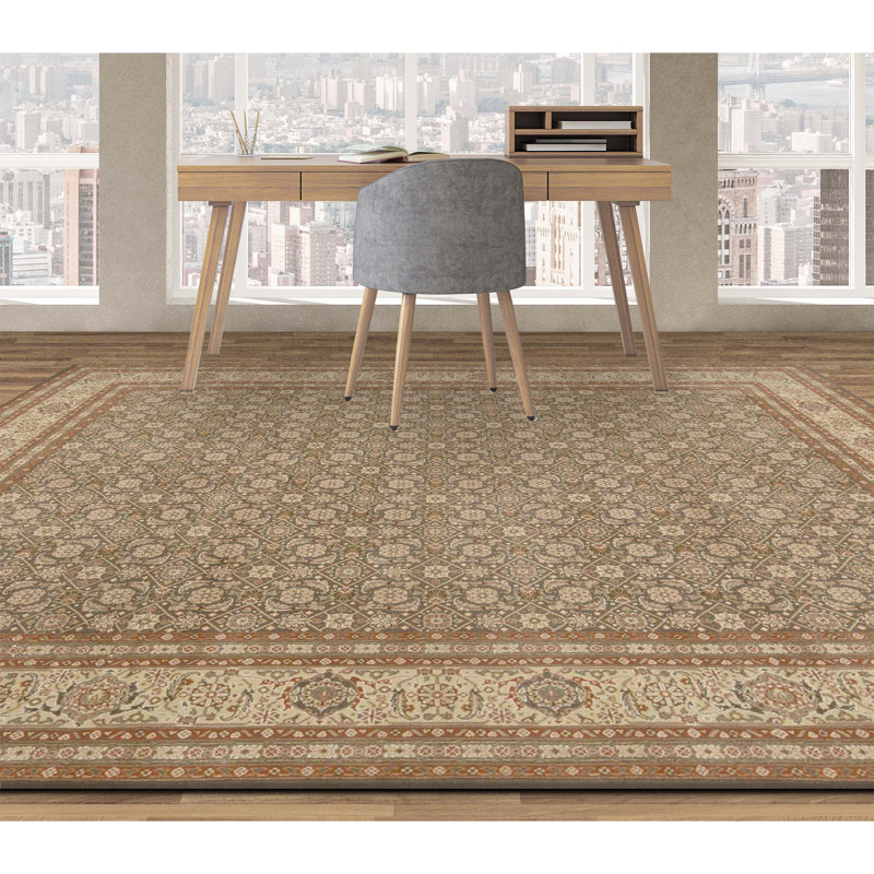 Hand Knotted Wool Oriental Area Rug in Olive Green And Beige