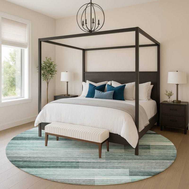 Premium Machine Washable Mayfield AMF2082 Striped Rug, Teal, 8' Round