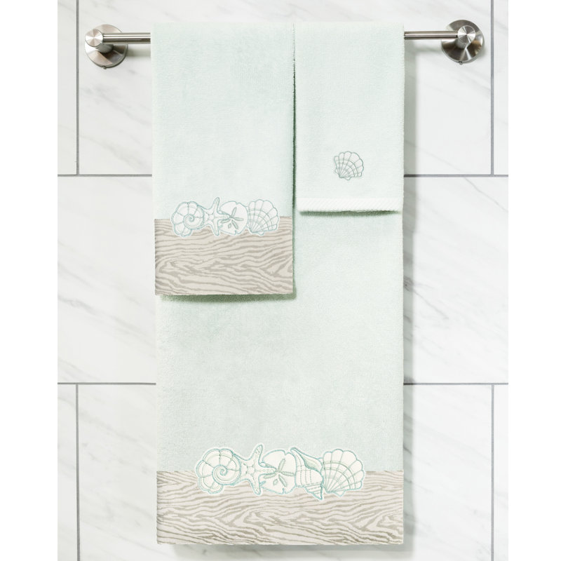 SHELL ROW 3PC Embellished Towel Set 3 Piece 100% Turkish Cotton Towel Set, Aqua
