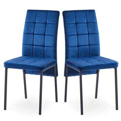 2 chaises de salle à manger en velours bleu foncé, haut dossier, pieds noirs, construction nordique moderne, chaises ergonomiques à dossier en velours, 2, avec coussin de chaise confortable