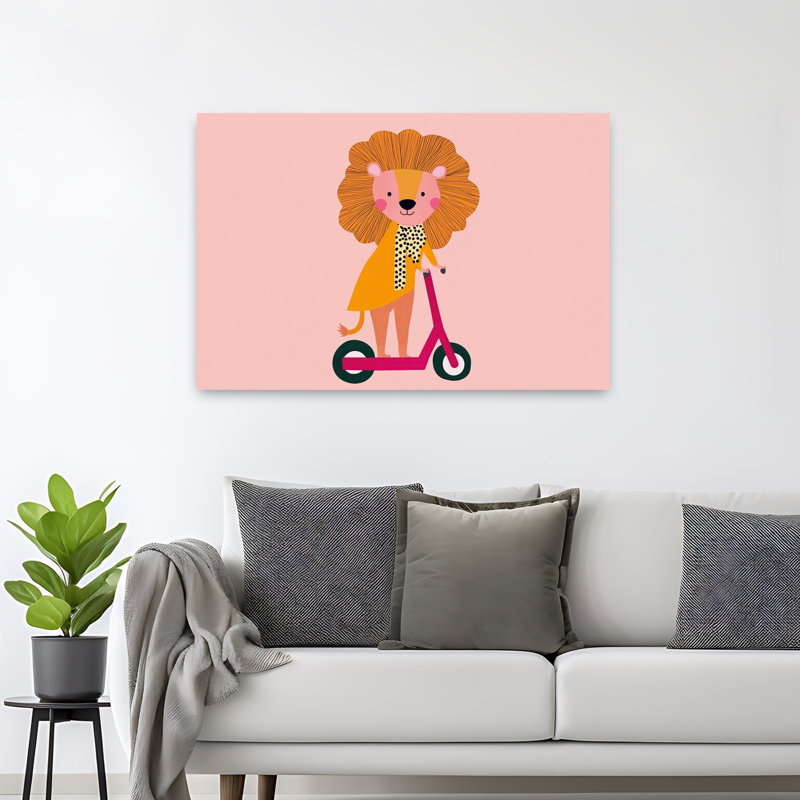 Playful Lion On Scooter Playful Contemporary Lion Wall Art Print by Mathieu - Wrapped Canvas Print, 81.28cm H x 121.92cm W