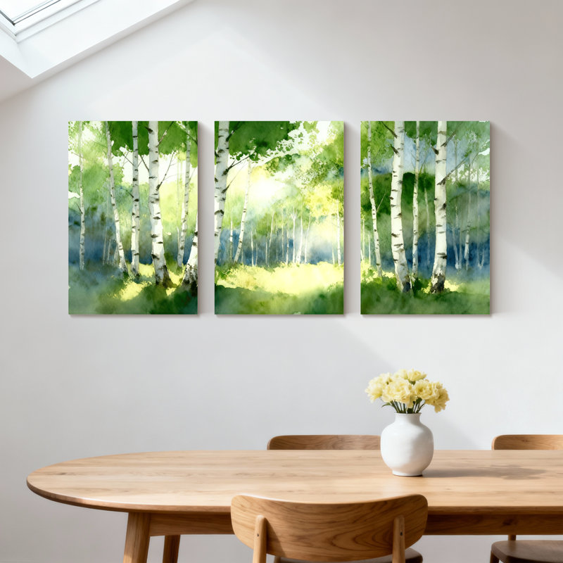 Hiver, forêt, bouleaux, forêt, aquarelle, ensemble de 3 reproductions d'art sur toile, H 24 po x l 48 po