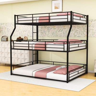 Metal Triple Bunk Bed with Guardrails and Ladder