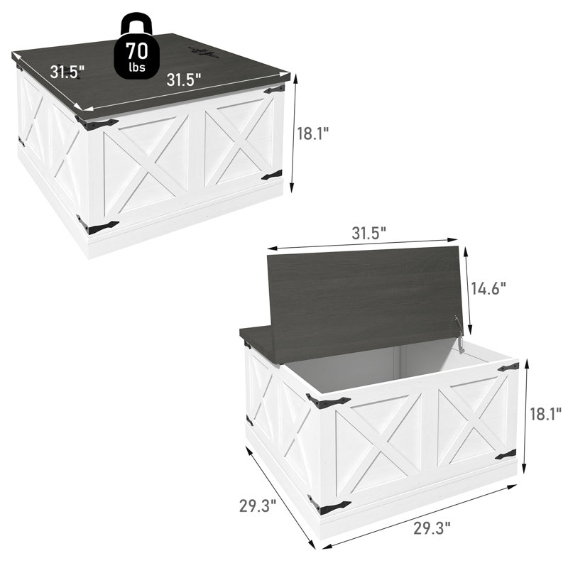 Table de cocktail blanche à deux tons avec plateau relevable et texture grain de bois pour les espaces de vie