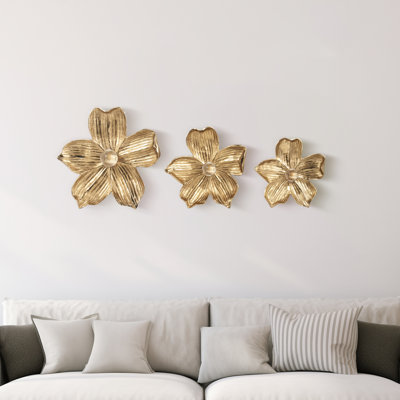 Modern Five Petal Flower Decorative Wall Art Sculpture - Artistic Metal Wall Accent for Home and Kitchen Wall Hanging - Set of 3, 18", Gold