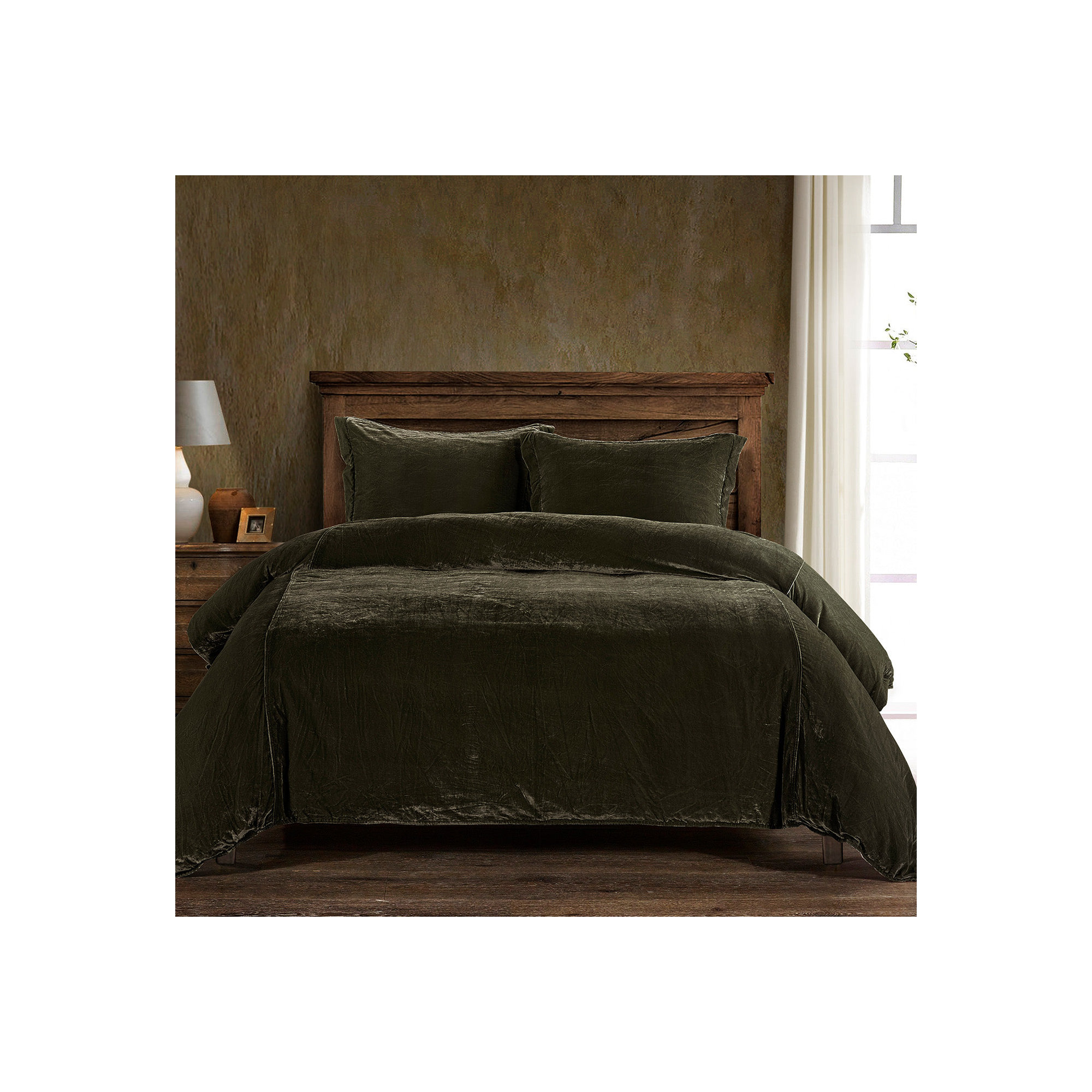 Stella Faux Silk Velvet Classic Chic Modern Rustic Romantic Western Duvet Cover Set, Fern Green