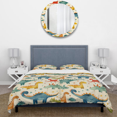 Ensemble de housse de couette jaune et vert pour enfants, motif de dinosaures I