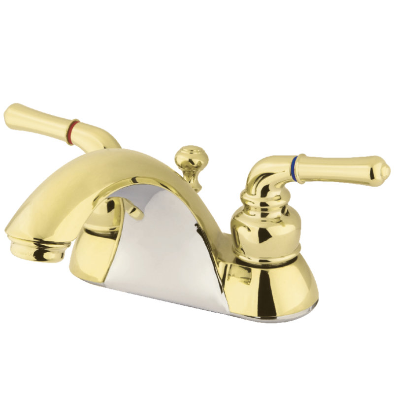 Kingston Brass Naples Two-Handle 3-Hole Deck Mount 4" Centerset Bathroom Faucet with Plastic Pop-Up, Polished Brass