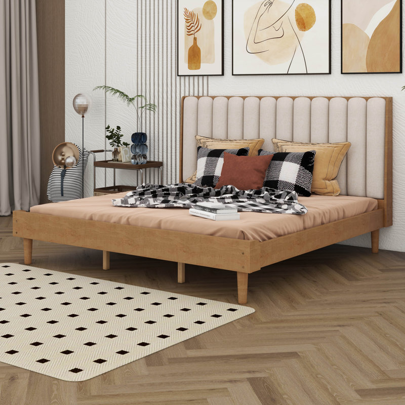 Très grand lit en bois avec tête de lit tapissier à clavier, lit plateforme en bois massif, mobilier de chambre moderne
