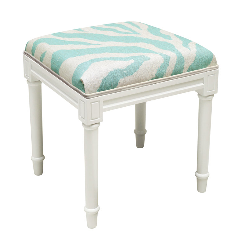 Tabouret de coiffeuse en lin à imprimé zébré brun clair avec finition blanc cassé et passepoil, Turquoise