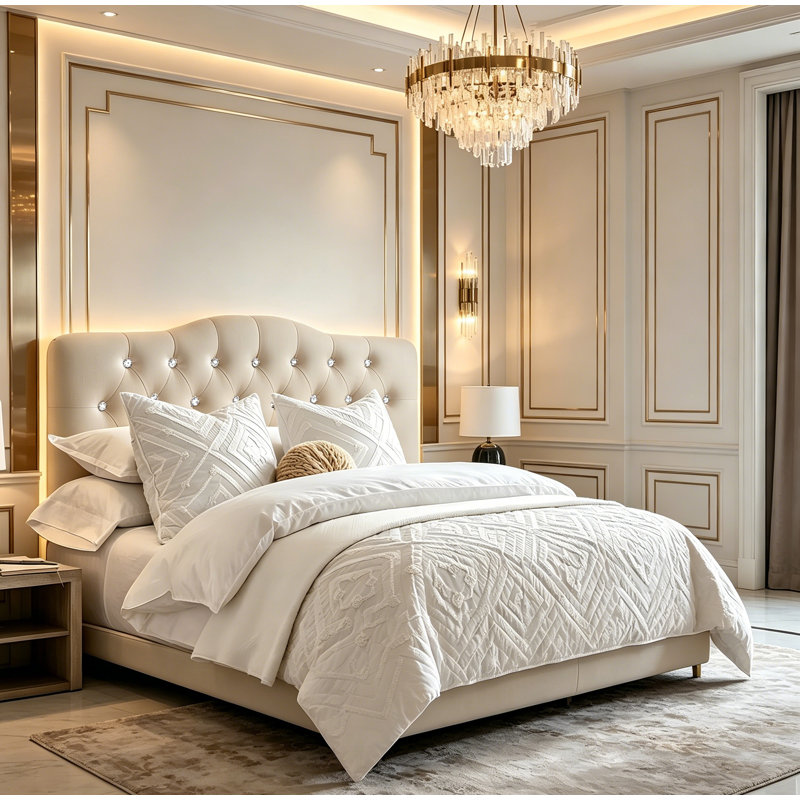 Tête de lit tapissier à boutons en lin, structure à hauteur réglable - conception de lit capitonné moderne pour toute chambre à coucher