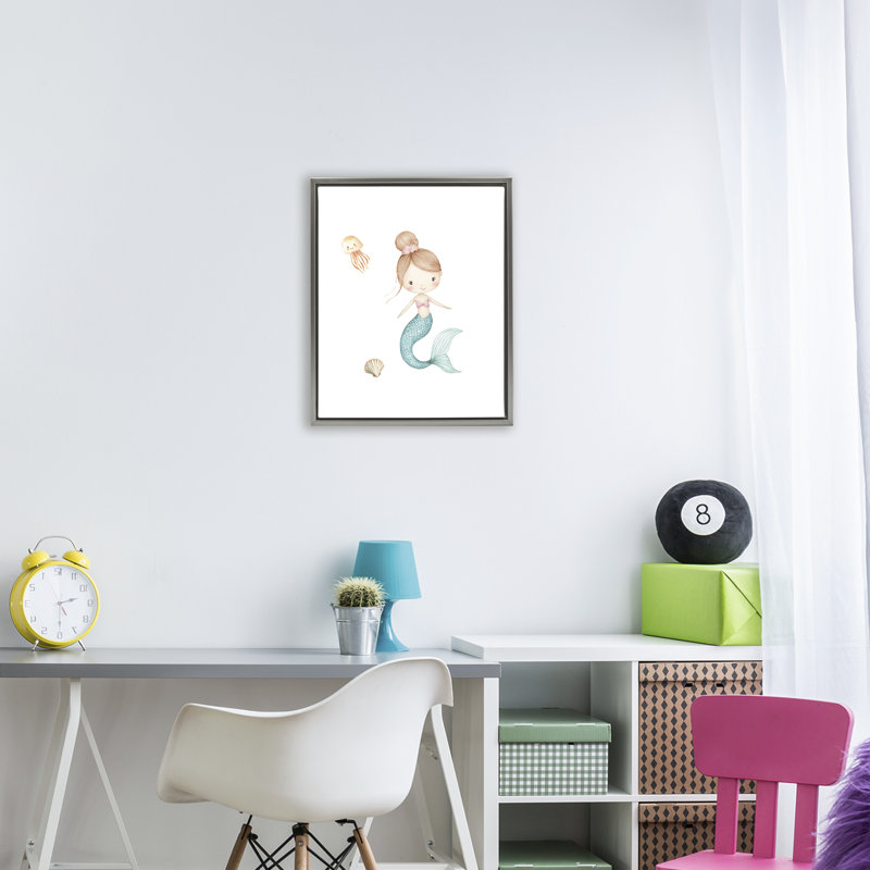 Cadre flottant doux sirène et méduse, design par Christine Simpson Art, H 21 po x l 17 po, Cadre flottant gris lustré