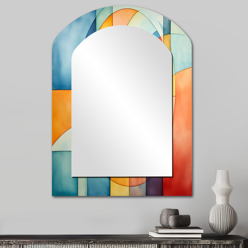 Cubes de couleurs douces cubiques IV - miroir géométrique arqué, miroir mural asymétrique moderne, impression sur métal