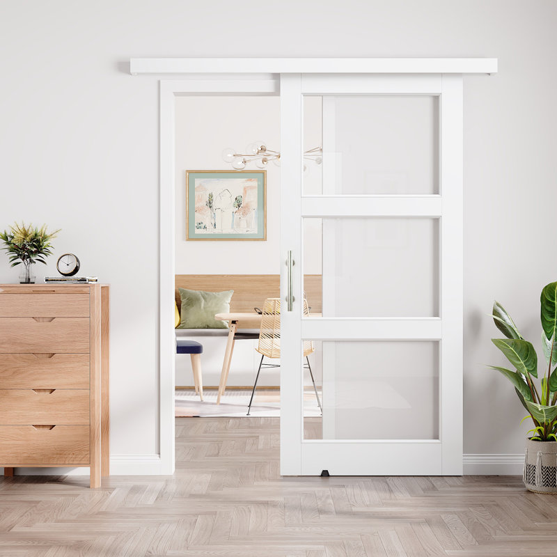 Concealed Track Sliding Barn Door White Primed 3-Lite Clear Glass Closet Pantry Doors with Hardware Kit(No Assembly Required)