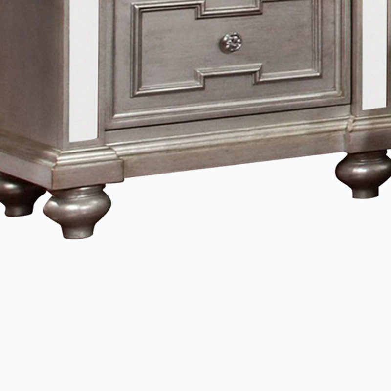 Table de chevet 28 po, 2 tiroirs, panneaux de miroir, boutons en acrylique cristal, argent H 28 po x l 17 po x P 28 po