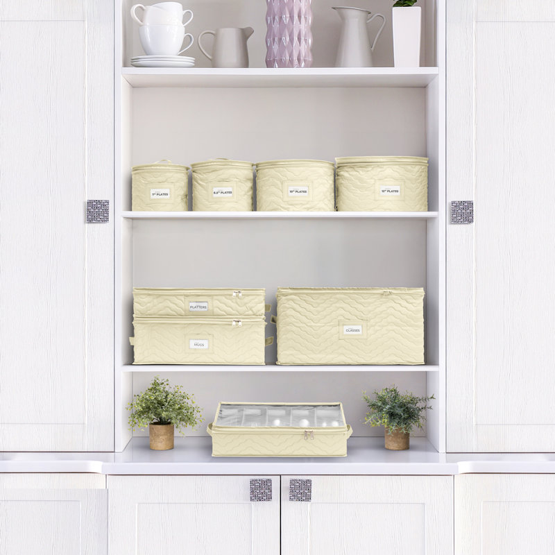 Beige Quilted Fabric China Platter Storage with Handles
