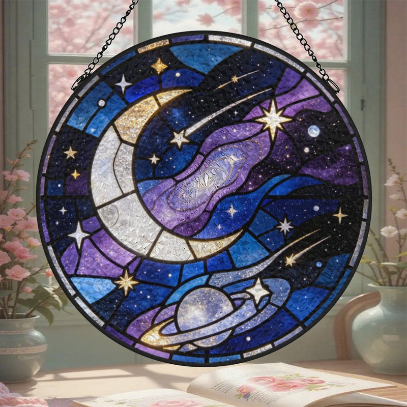 Vitrail céleste de style étoile de lune avec vitrail et panneaux de verre pour décoration de fenêtre