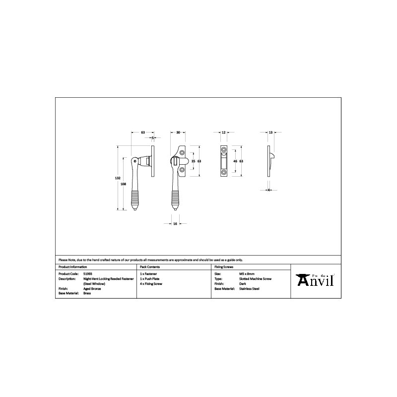 Reeded Night-Vent Locking Fastener (Steel Window), Aged Bronze