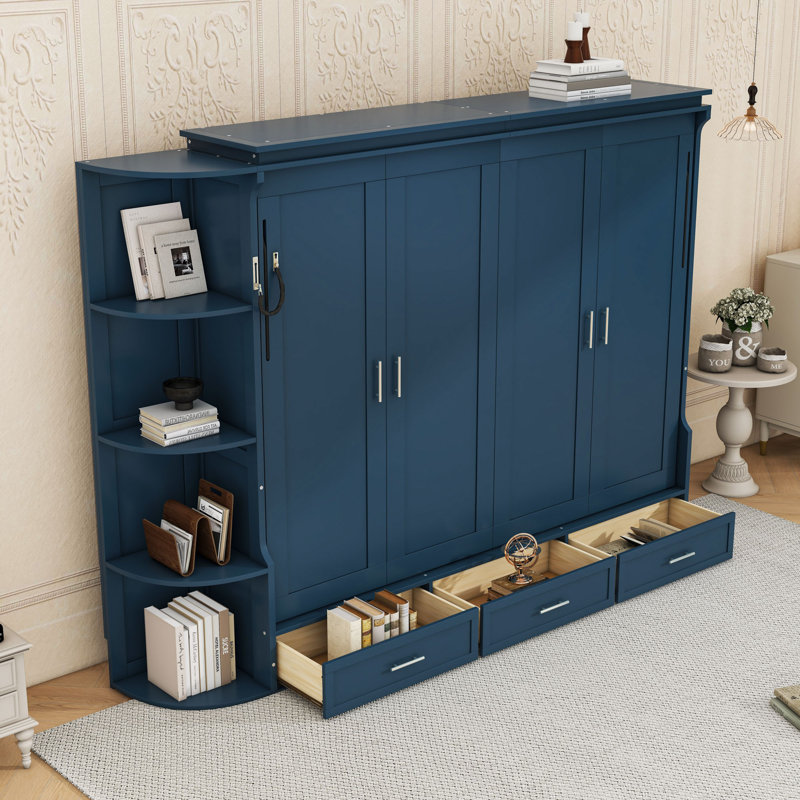 Lit escamotable en bois avec 3 tiroirs et tablettes ouvertes, Grand lit, Bleu