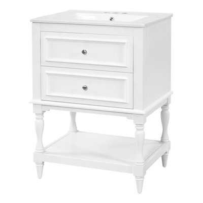 24'' Bathroom Vanity With Ceramic Sink, Bathroom Storage Cabinet With Open Shelf , Retro Design Bathroom Cabinet With 2 Drawers