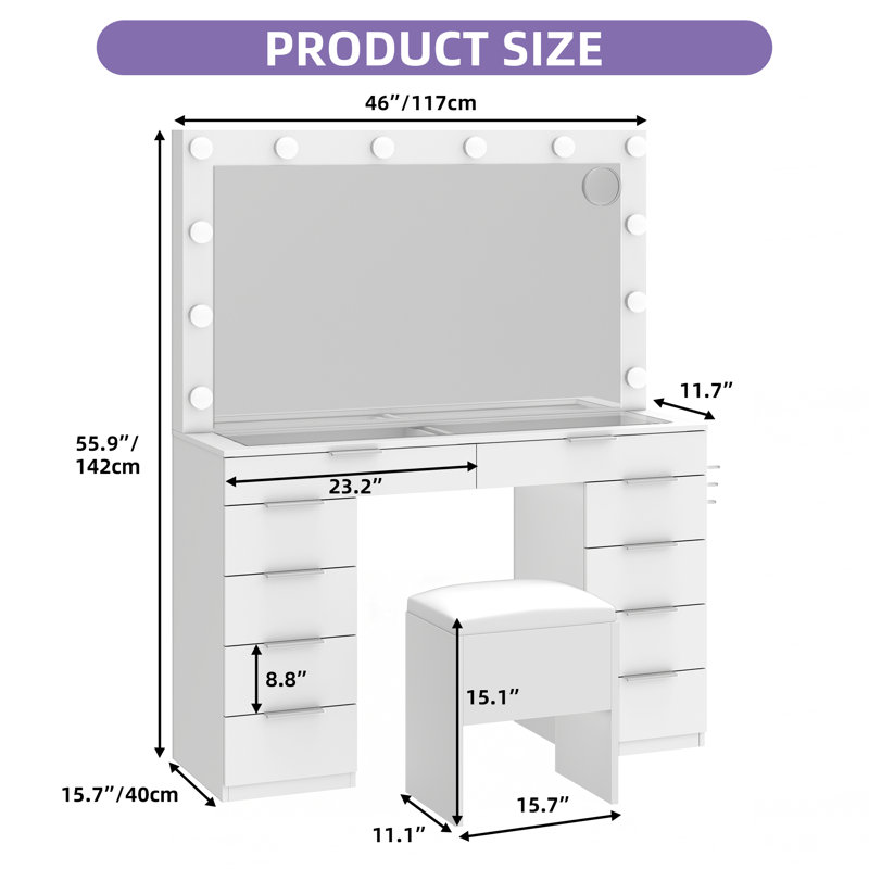 Makeup Vanity With 10 Drawers, White