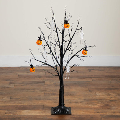 3Ft. Pre-Lit Artificial Halloween Pumpkins And Skulls Ornament Tree With 48 Warm White LED Lights