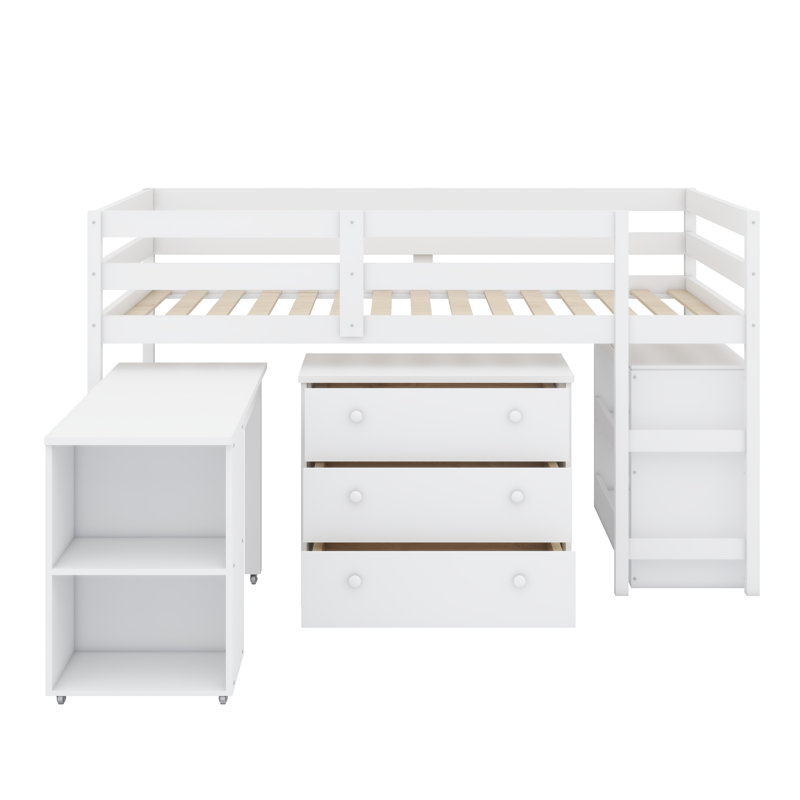 Lit mezzanine bas avec armoire de rangement et bureau portatif à roulettes, White