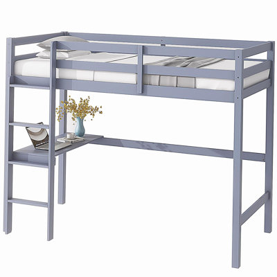 Loft bed, rubberwood loft bed with safety railings, built-in desk, staircase.