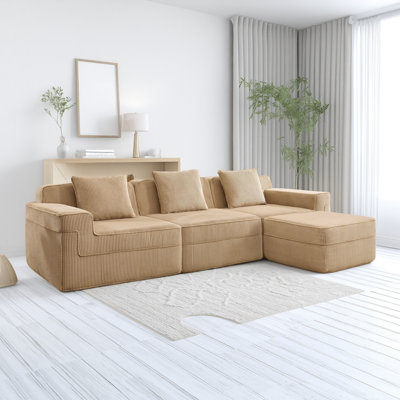 Camel Corduroy Cloud Sofa, Modular 3-Seater L-Shaped Design, Deep Seat Support For More Comfort, With Cushions + 1 Removable Footstool, Practical And Elegant