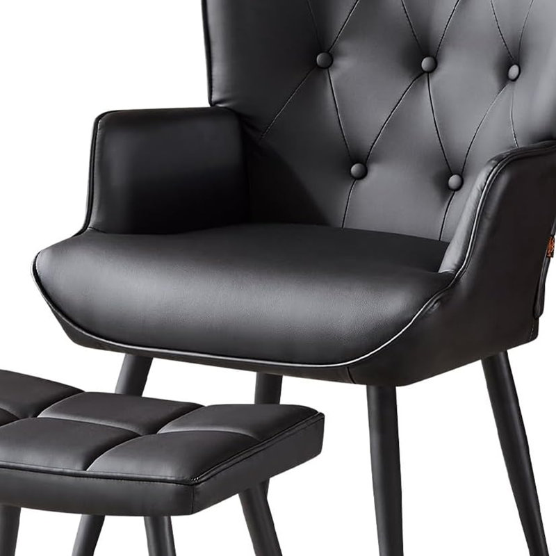 Fauteuil à oreilles et repose-pieds capitonnés, Noir