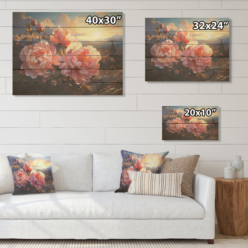 Pivoines magiques au coucher du soleil I - pivoines, art sur bois de pin naturel, H 10 po x l 20 po