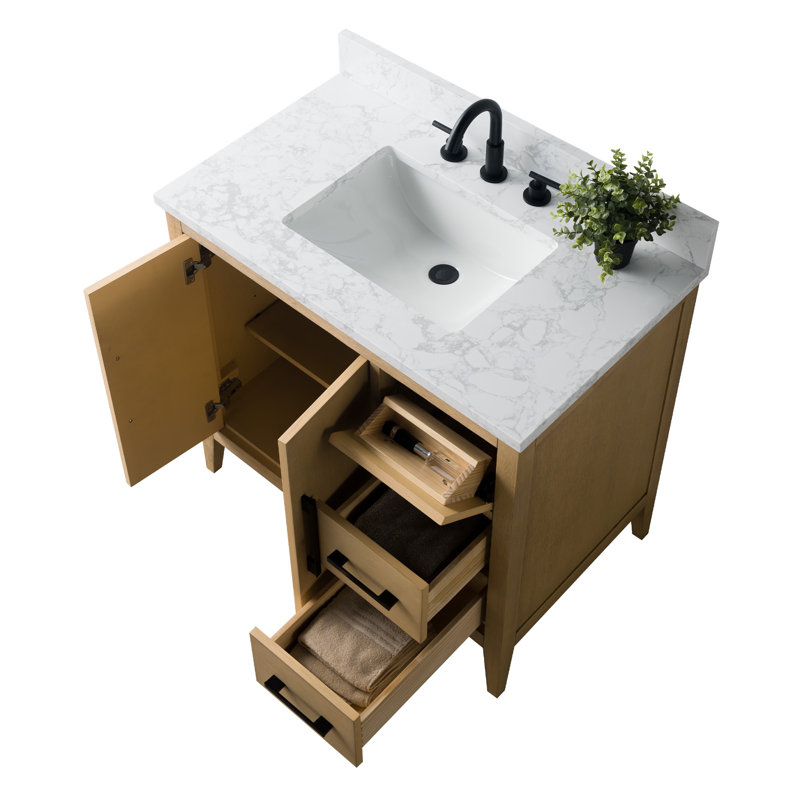 Chambery 36" Single Sink Bathroom Vanity with Engineered Marble Top, Natural Oak, Matte Black