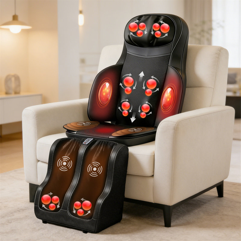 Shiatsu Neck Back Massager With Heat & Vibration, 3-in-1 Full Body Massage Seat Cushion With Detachable Foot Calf Massager For Home Office Pain Relief