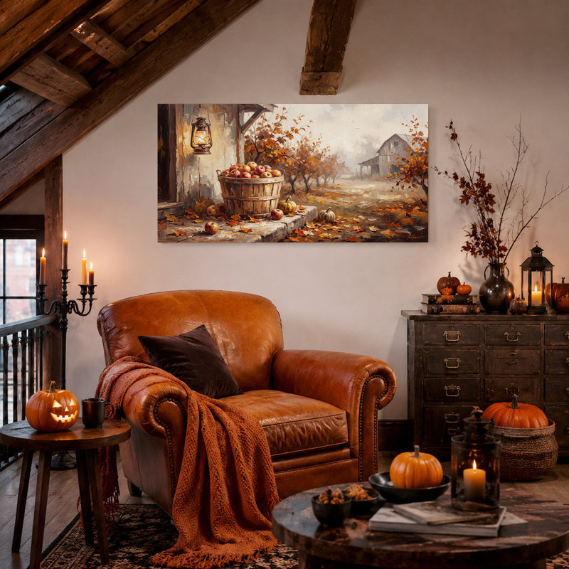 Panier de pommes rouges et de citrouilles - Tableau sur toile pour l'Halloween, L 40 po x H 20 po