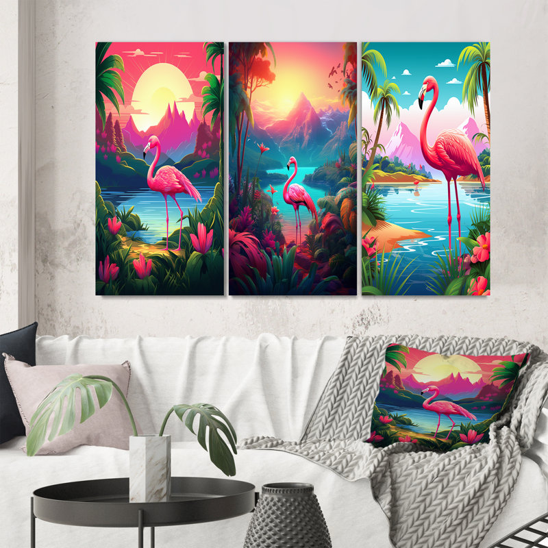 «Pink Flamingo In Tropical Landscape», 3 pièces sur toile, Toile tendue, H 28 po x l 36 po
