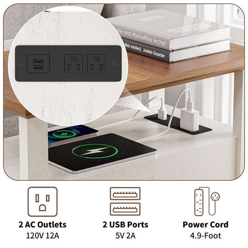 2-Drawer Farmhouse End Table With Built-In Outlets, Natural/Rustic White