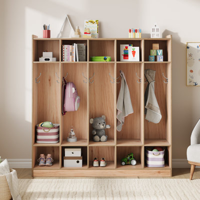 Casier de vestiaire en bois à 5 sections pour enfants avec 10 casiers et 10 crochets - Organisateur de rangement à plusieurs niveaux pour la maison, la chambre de bébé, l'école - Construction robuste - Couleur: planche originale multicouche