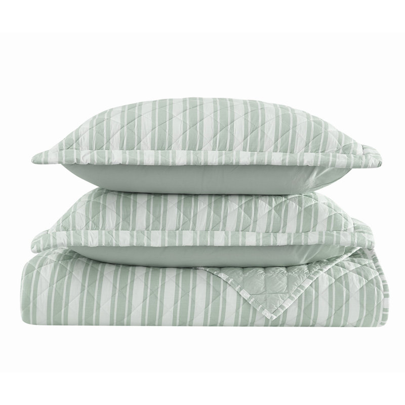 The Farmhouse by Rachel Ashwell Wide Ticking Stripe Quilt Set, Queen Quilt + 2 Shams, White/Green Striped