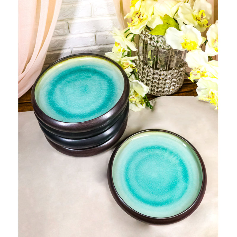 Lot de 6 assiettes creuses rondes ondulées en porcelaine Midori Kannyu Blue Sky verte, 23 cm de diamètre