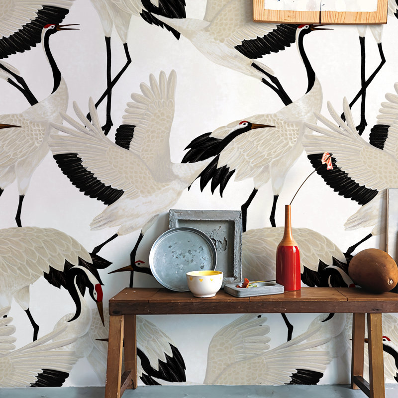 White Herons Chinoiserie Wallpaper Black and Beige
