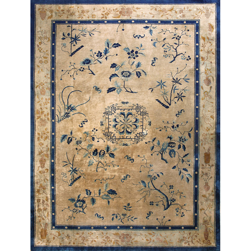 Room Size Ivory Antique 1920s Rectangle Chinese Knotted Wool Rug