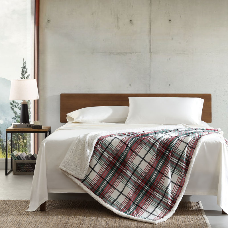 60" Red and Green Plaid Reversible Sherpa Cotton Throw Blanket