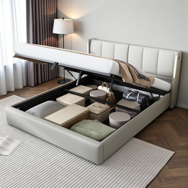Donan Upholstered Ottoman Storage Bed With USB Port And LED Lighting, Adjustable Headboard, Double (4'6), Grey