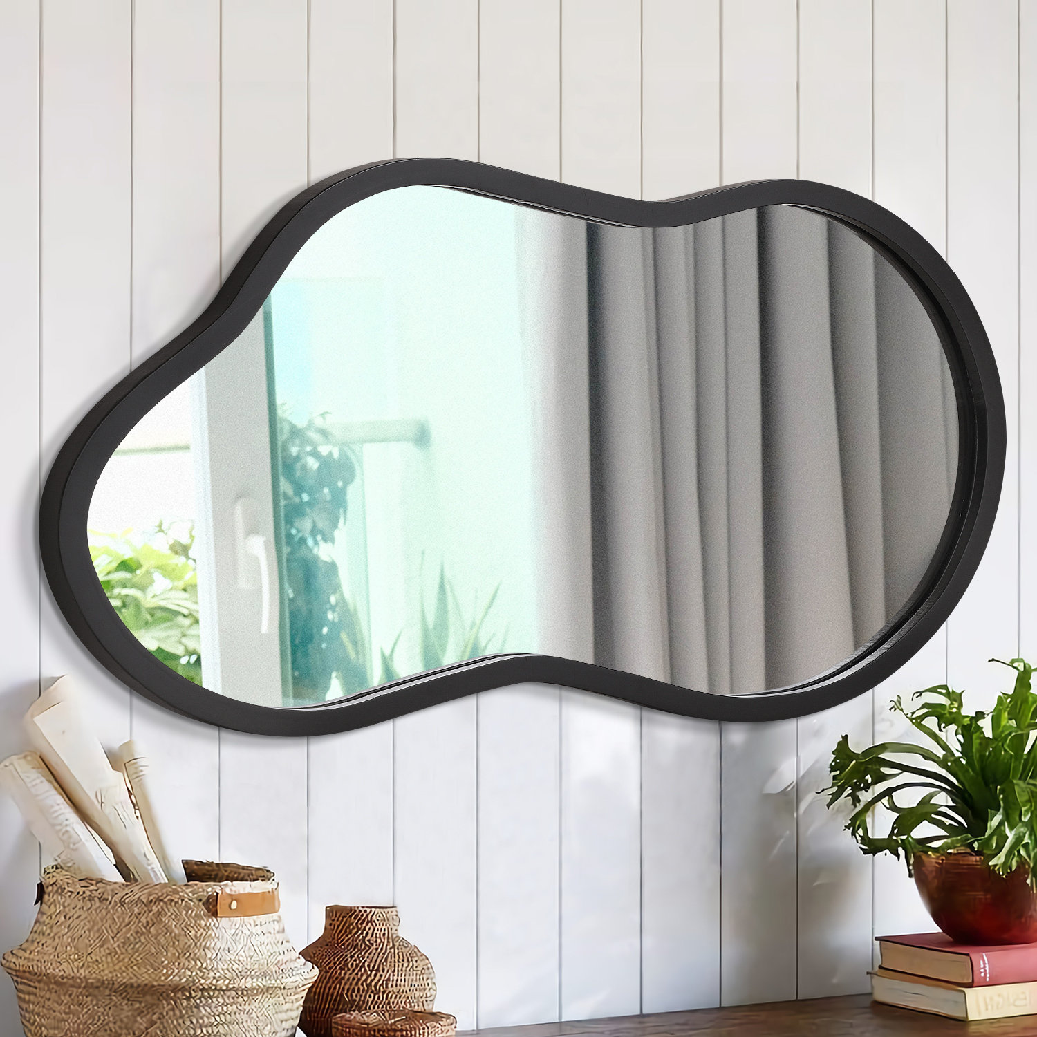 Wrought Studio™ Irregular wooden Wall Mirror Asymmetrical Accent Wall