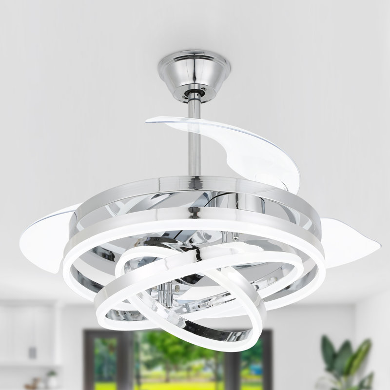 Brynnly 42" Chrome Retractable Ceiling Fan with LED Lights, DC Motor Remote 3-Color 6-Speed for Living Room, Bedroom